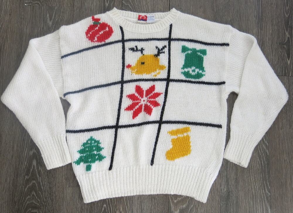 Vintage GEARING UP Ugly Christmas Sweater Size L Women Chunky Knit White Multi